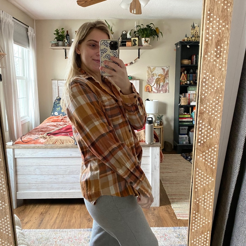 Universal Thread Orange Plaid Button Up Long Slee… - image 2